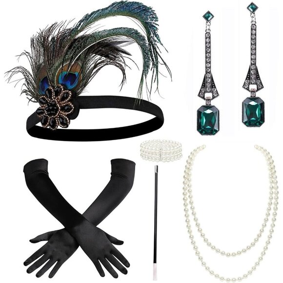 1920s Accessories Set Pearl Necklace Gloves Headband Art Deco Vintage main image 8